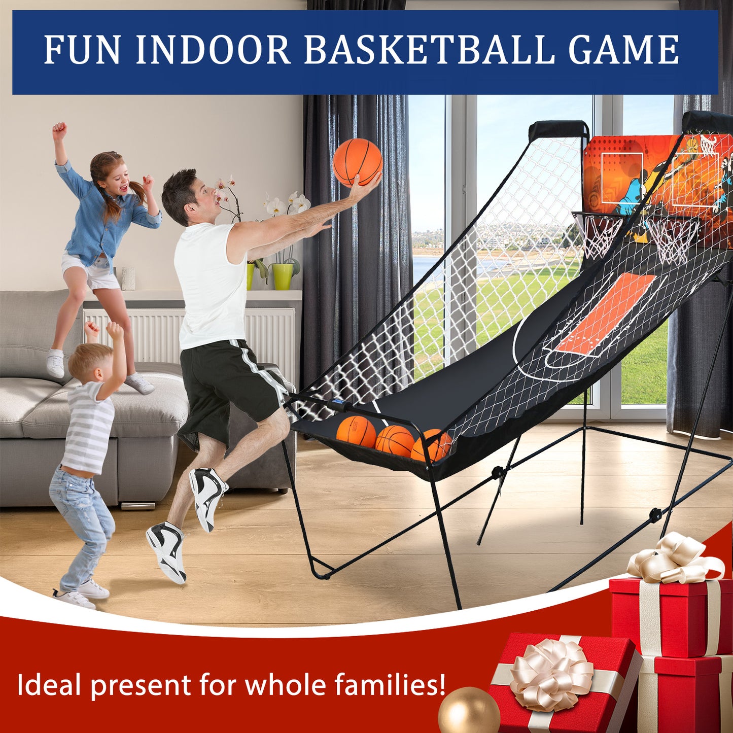 Dual Shot Basketball Arcade Game, Foldable Indoor Electronic Arcade Basketball Game with 4 Balls, 8 Modes, LED Scoreboard, Air Pump, Battery Powered for Kids Adults, Black