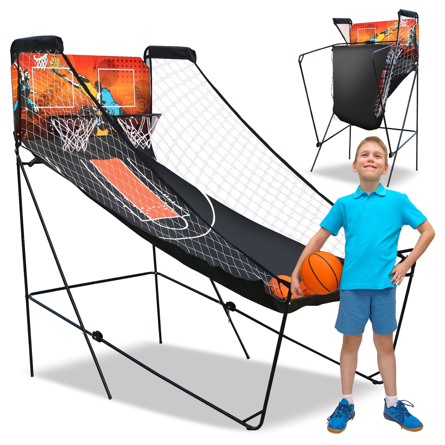 Dual Shot Basketball Arcade Game, Foldable Indoor Electronic Arcade Basketball Game with 4 Balls, 8 Modes, LED Scoreboard, Air Pump, Battery Powered for Kids Adults, Black