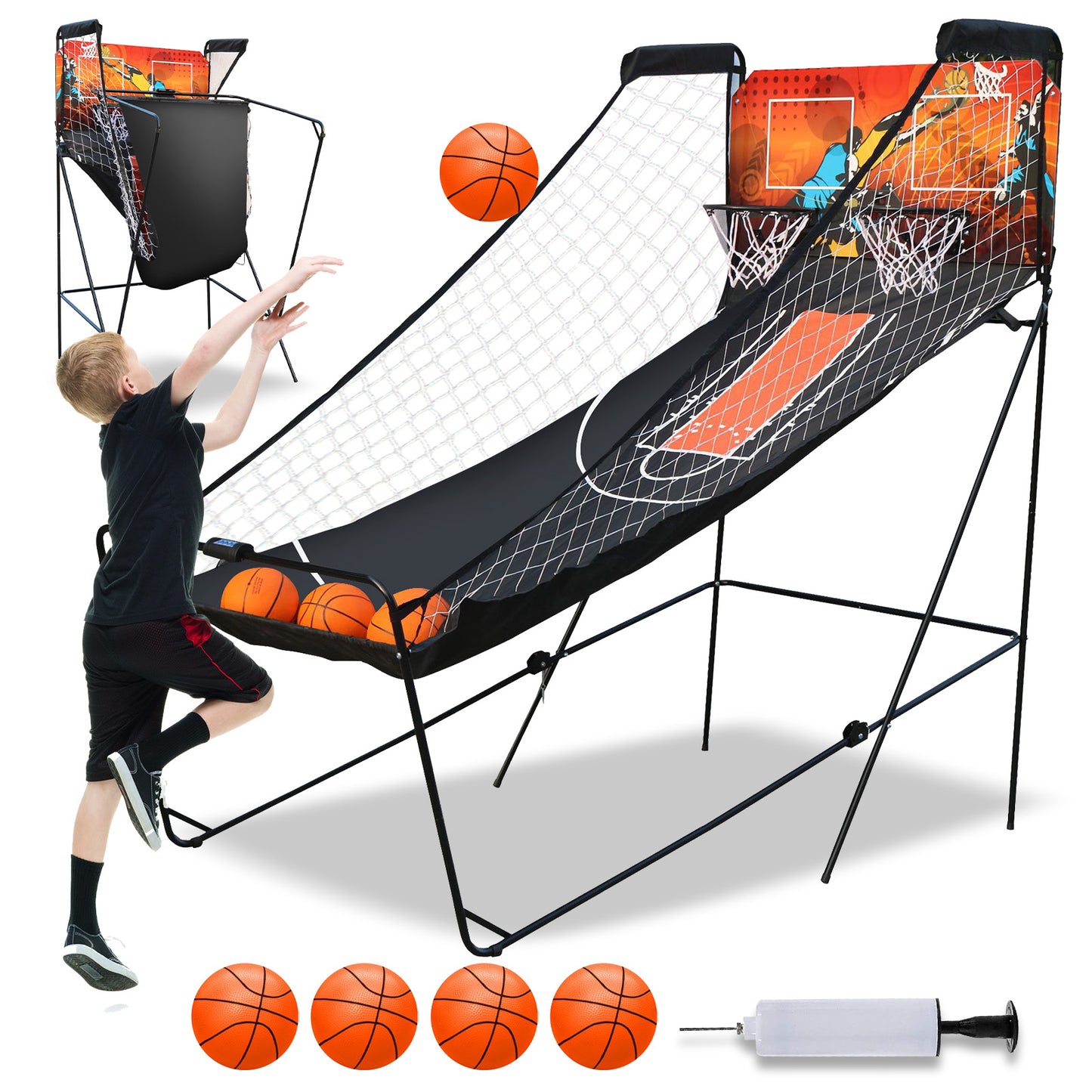 Dual Shot Basketball Arcade Game, Foldable Indoor Electronic Arcade Basketball Game with 4 Balls, 8 Modes, LED Scoreboard, Air Pump, Battery Powered for Kids Adults, Black