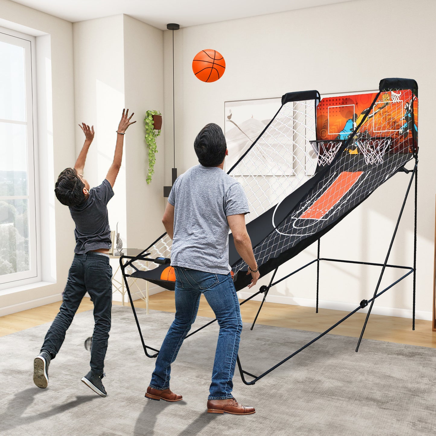 Dual Shot Basketball Arcade Game, Foldable Indoor Electronic Arcade Basketball Game with 4 Balls, 8 Modes, LED Scoreboard, Air Pump, Battery Powered for Kids Adults, Black