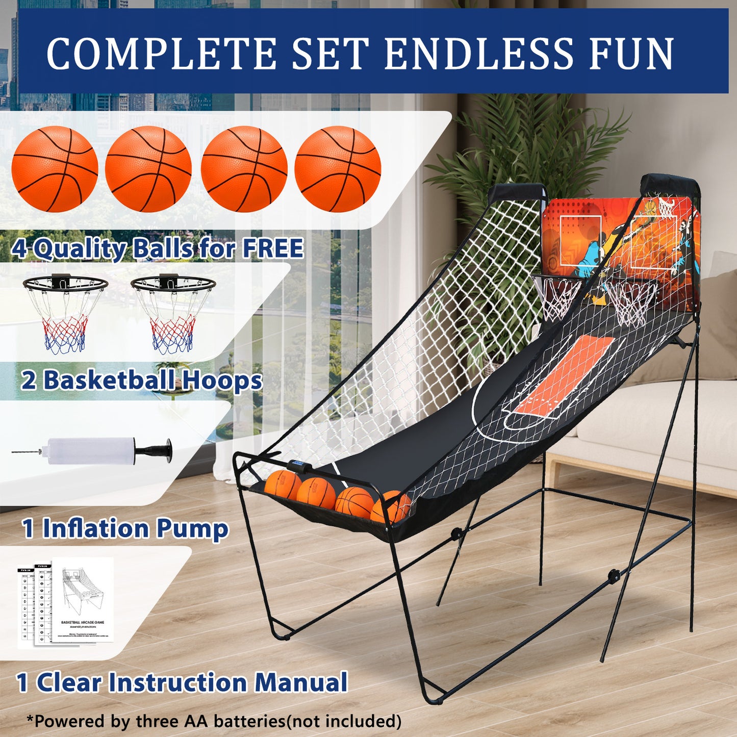 Dual Shot Basketball Arcade Game, Foldable Indoor Electronic Arcade Basketball Game with 4 Balls, 8 Modes, LED Scoreboard, Air Pump, Battery Powered for Kids Adults, Black