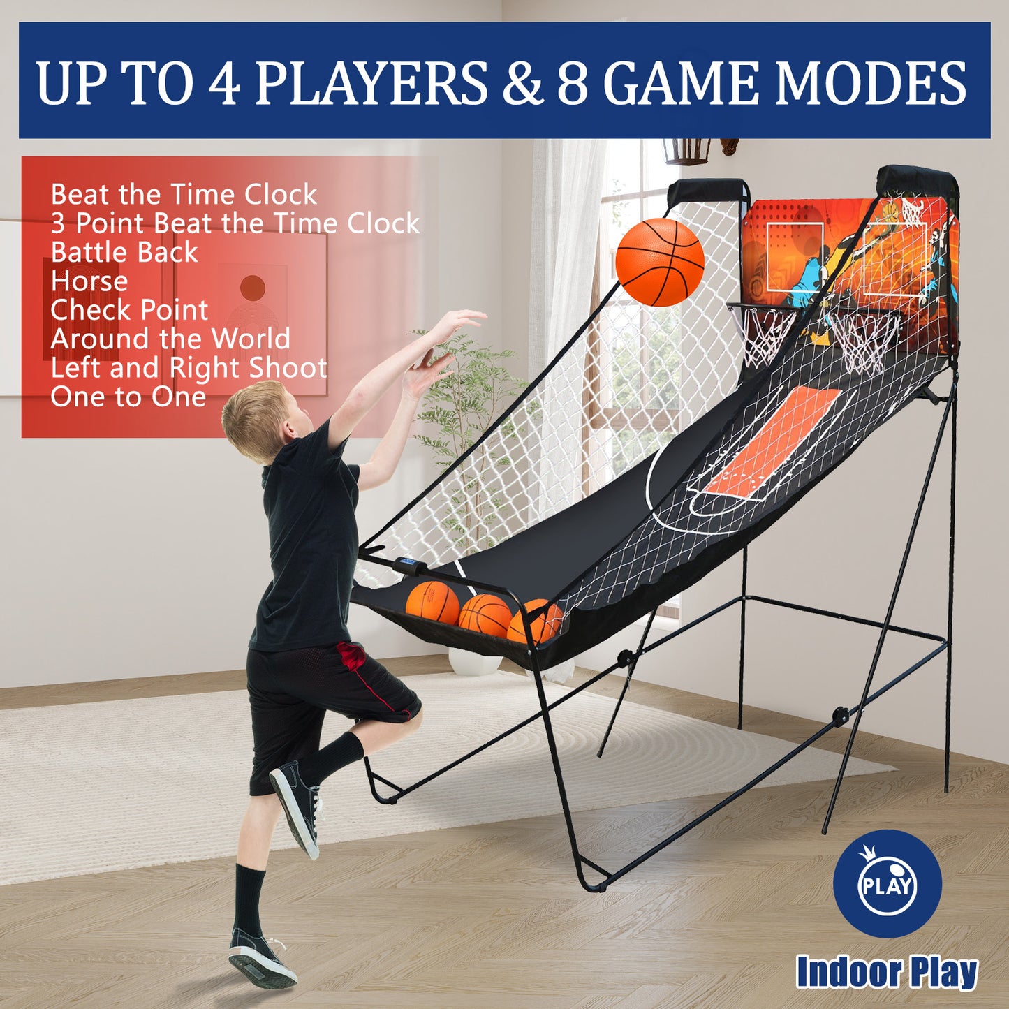 Dual Shot Basketball Arcade Game, Foldable Indoor Electronic Arcade Basketball Game with 4 Balls, 8 Modes, LED Scoreboard, Air Pump, Battery Powered for Kids Adults, Black