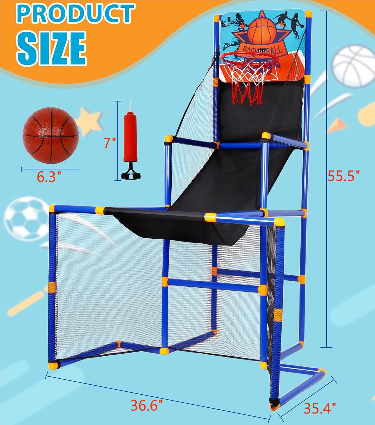 3 in-1 Kids Arcade Basketball Game & Hockey & Soccer, with 4 Basketball Balls, Football, Hockey, Hockey Stick, Pump, Electronic Scoreboard Sound for Toddlers, Basketball Goal for Kids Boys Girls