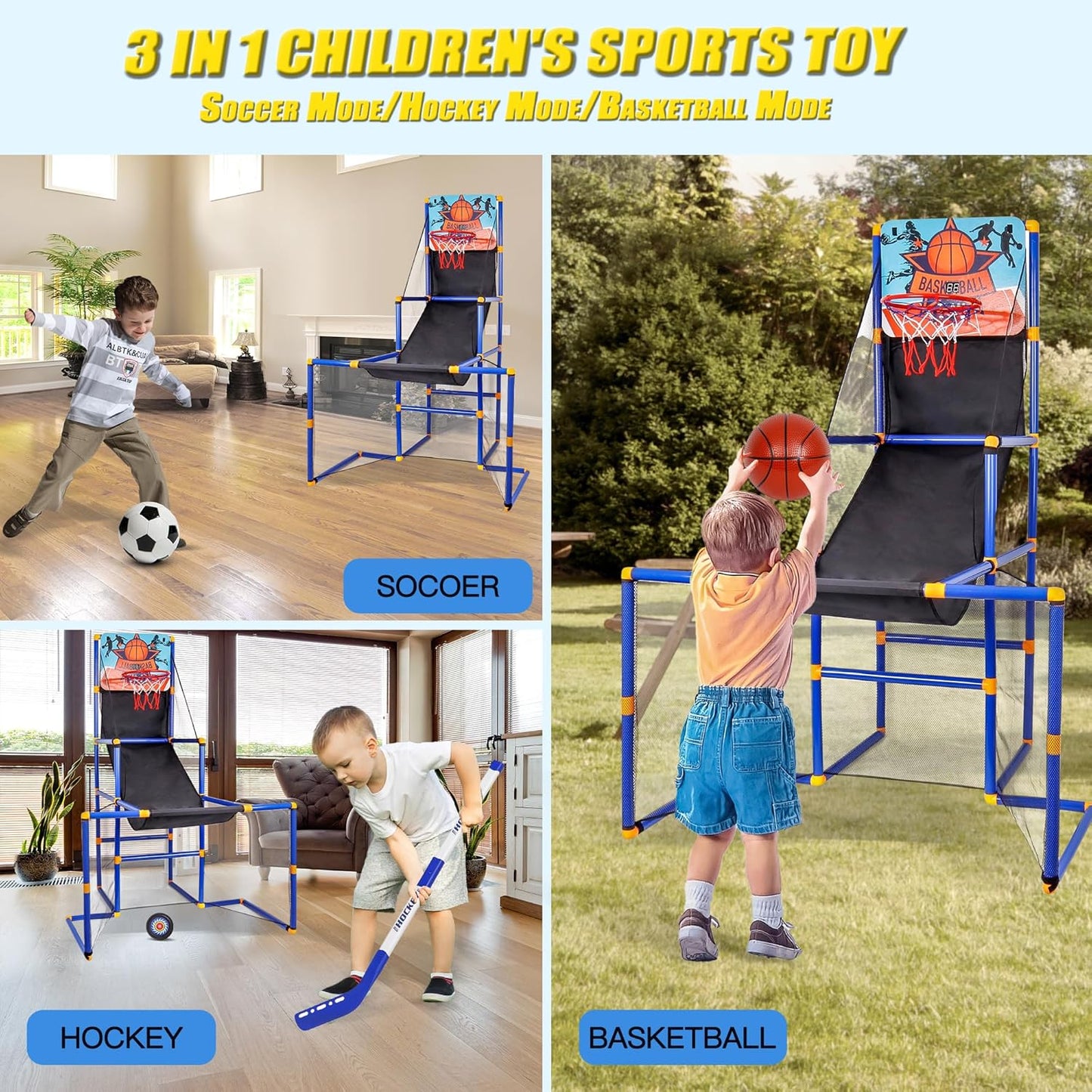 3 in-1 Kids Arcade Basketball Game & Hockey & Soccer, with 4 Basketball Balls, Football, Hockey, Hockey Stick, Pump, Electronic Scoreboard Sound for Toddlers, Basketball Goal for Kids Boys Girls