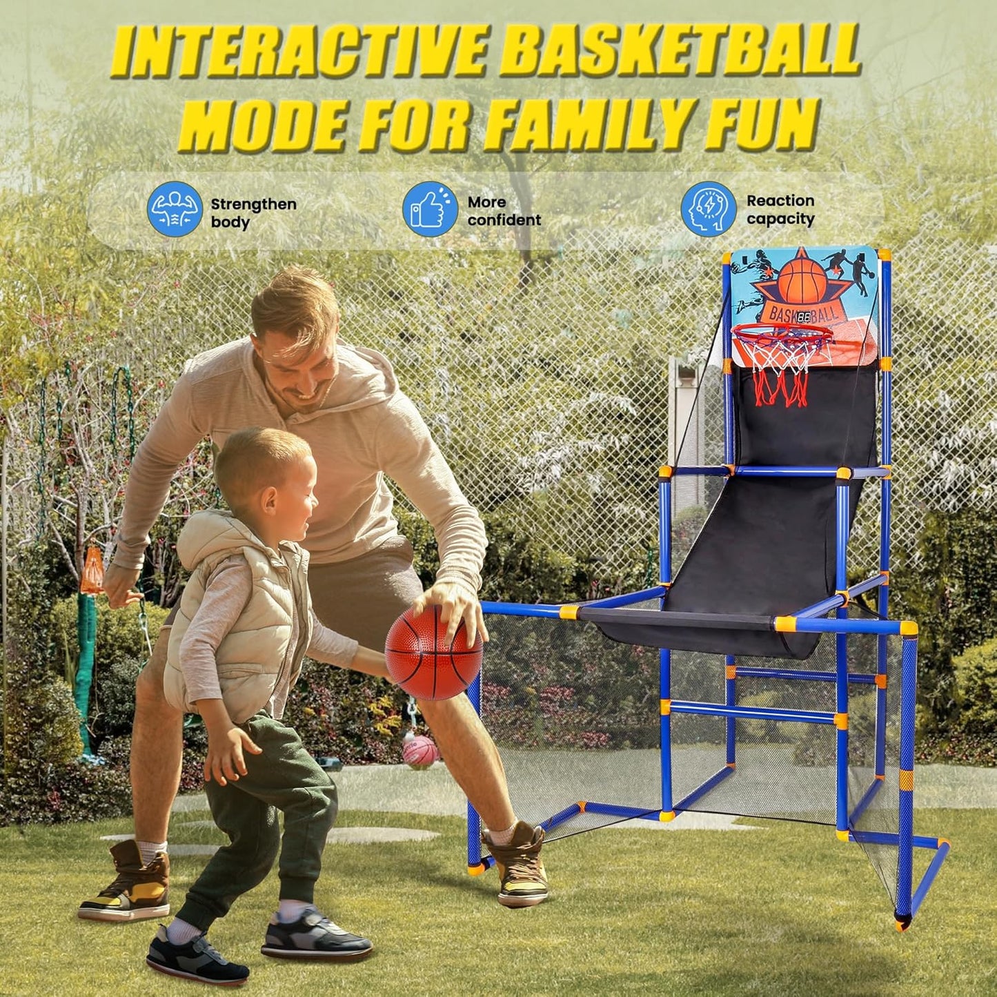 3 in-1 Kids Arcade Basketball Game & Hockey & Soccer, with 4 Basketball Balls, Football, Hockey, Hockey Stick, Pump, Electronic Scoreboard Sound for Toddlers, Basketball Goal for Kids Boys Girls
