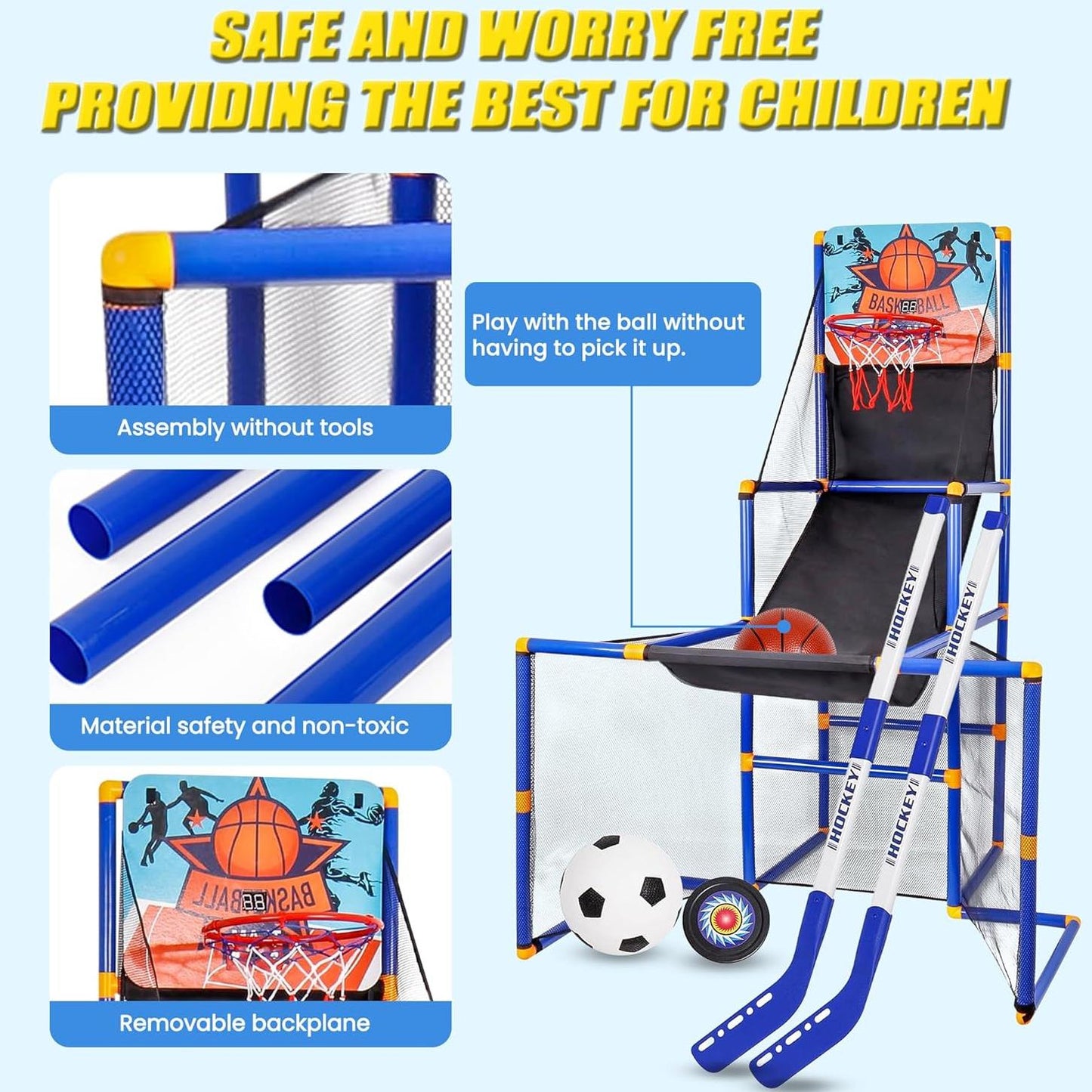 3 in-1 Kids Arcade Basketball Game & Hockey & Soccer, with 4 Basketball Balls, Football, Hockey, Hockey Stick, Pump, Electronic Scoreboard Sound for Toddlers, Basketball Goal for Kids Boys Girls