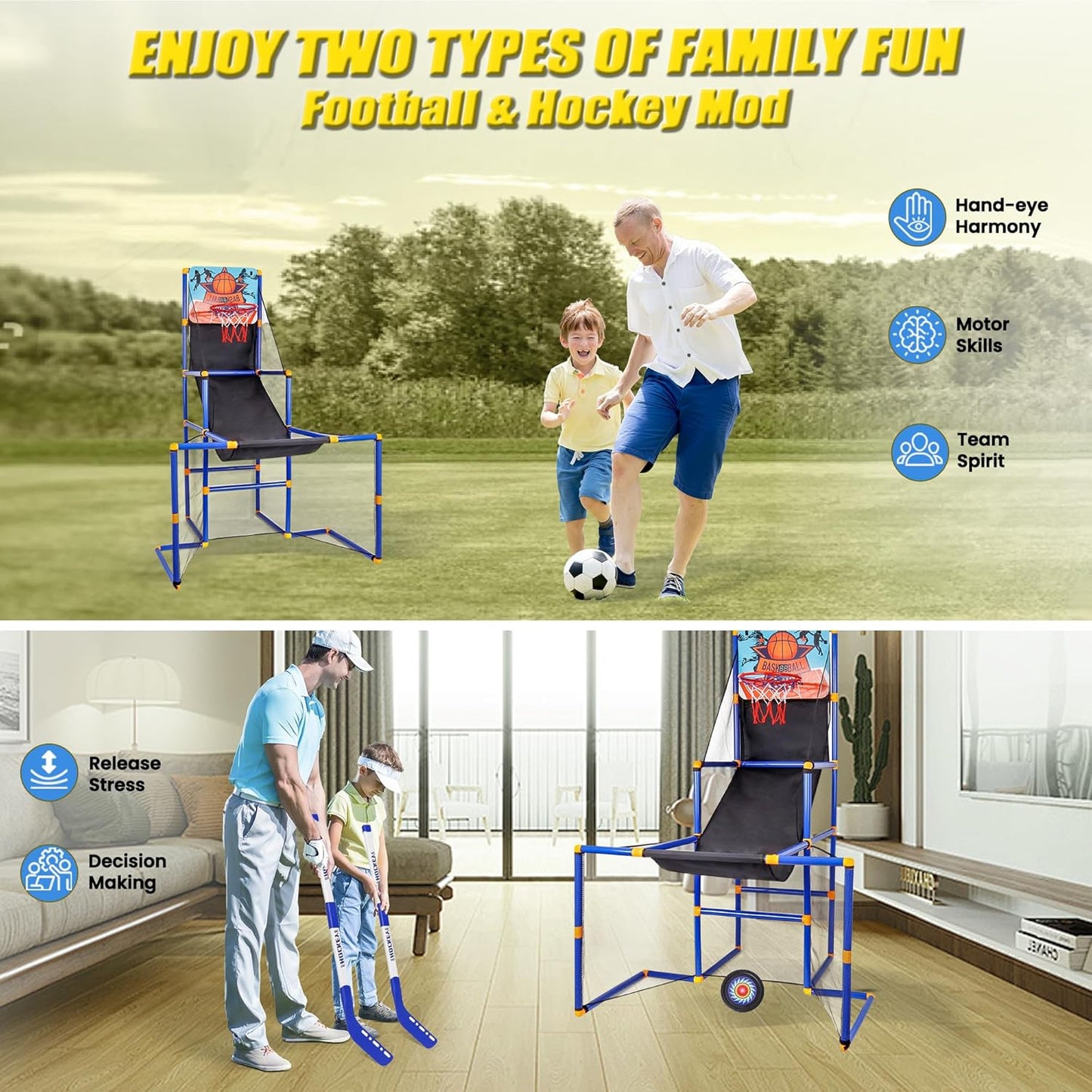 3 in-1 Kids Arcade Basketball Game & Hockey & Soccer, with 4 Basketball Balls, Football, Hockey, Hockey Stick, Pump, Electronic Scoreboard Sound for Toddlers, Basketball Goal for Kids Boys Girls