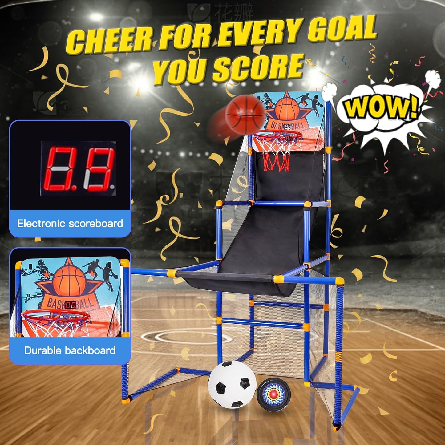 3 in-1 Kids Arcade Basketball Game & Hockey & Soccer, with 4 Basketball Balls, Football, Hockey, Hockey Stick, Pump, Electronic Scoreboard Sound for Toddlers, Basketball Goal for Kids Boys Girls