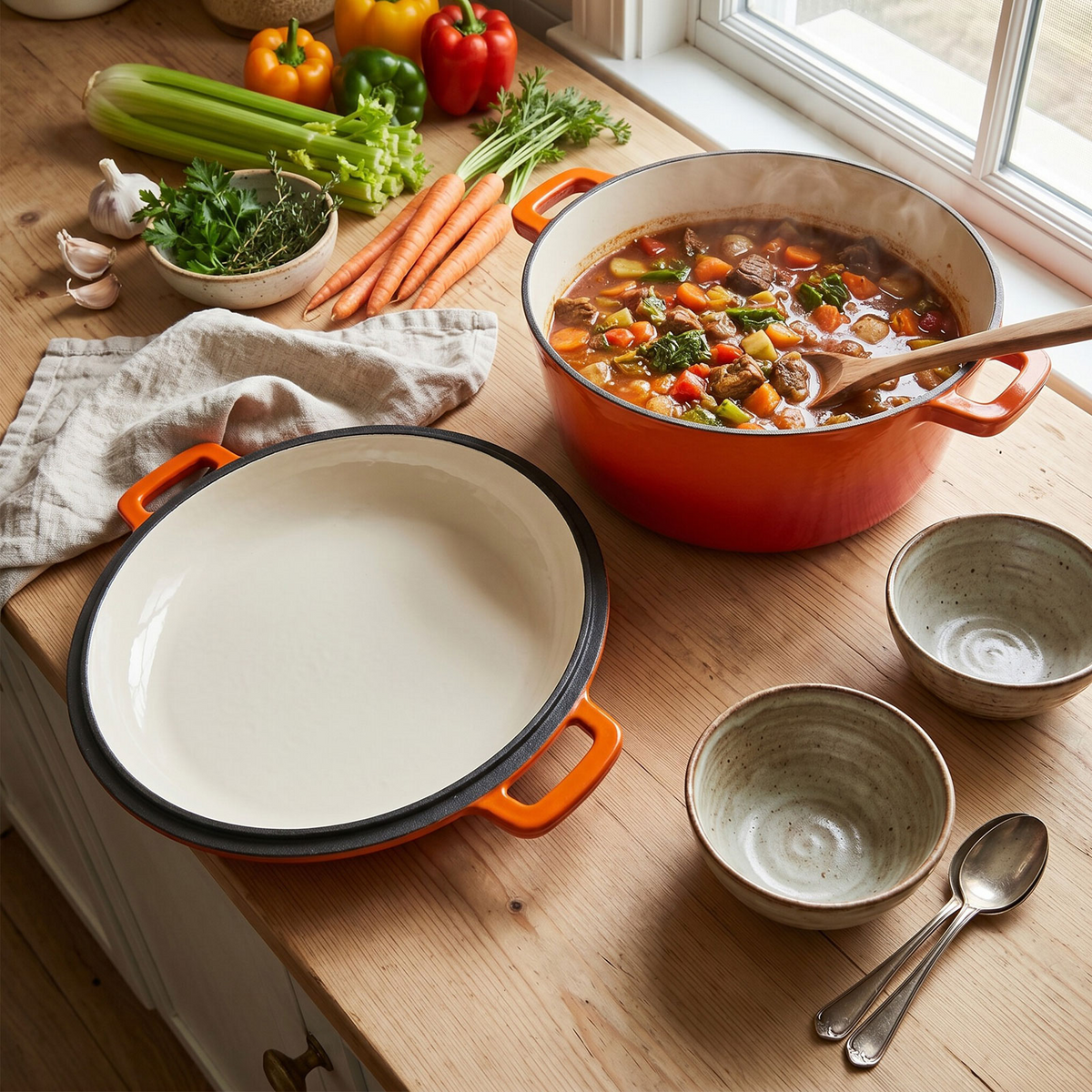 2 in 1 Cast Iron Dutch Oven Pot with Skillet Lid, 6+2qt Pre-Seasoned Multipurpose Cookware for baking, braising, and stewing, Orange