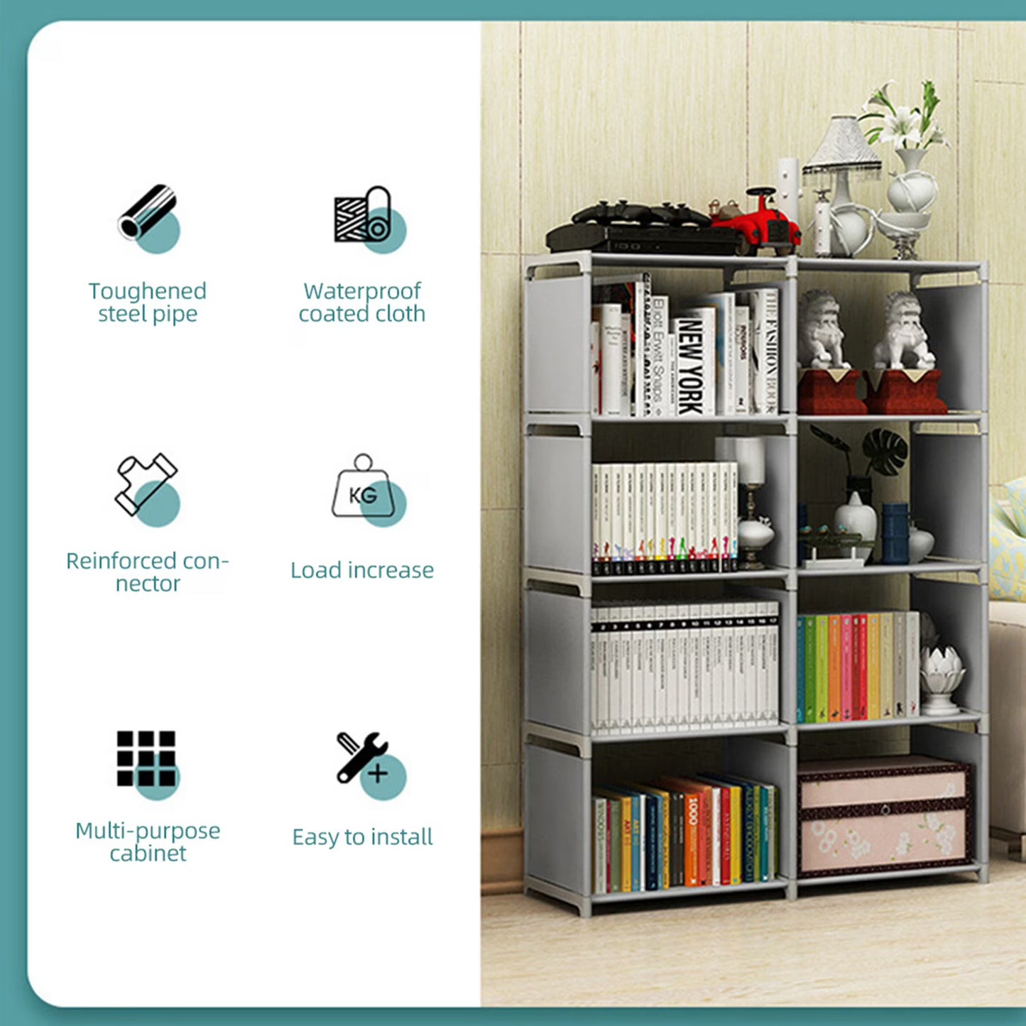 5 Tier 4 Cubes Portable Bookcase Storage Shelves Adjustable Storage Organize for Home Office Bedroom Study,Gray