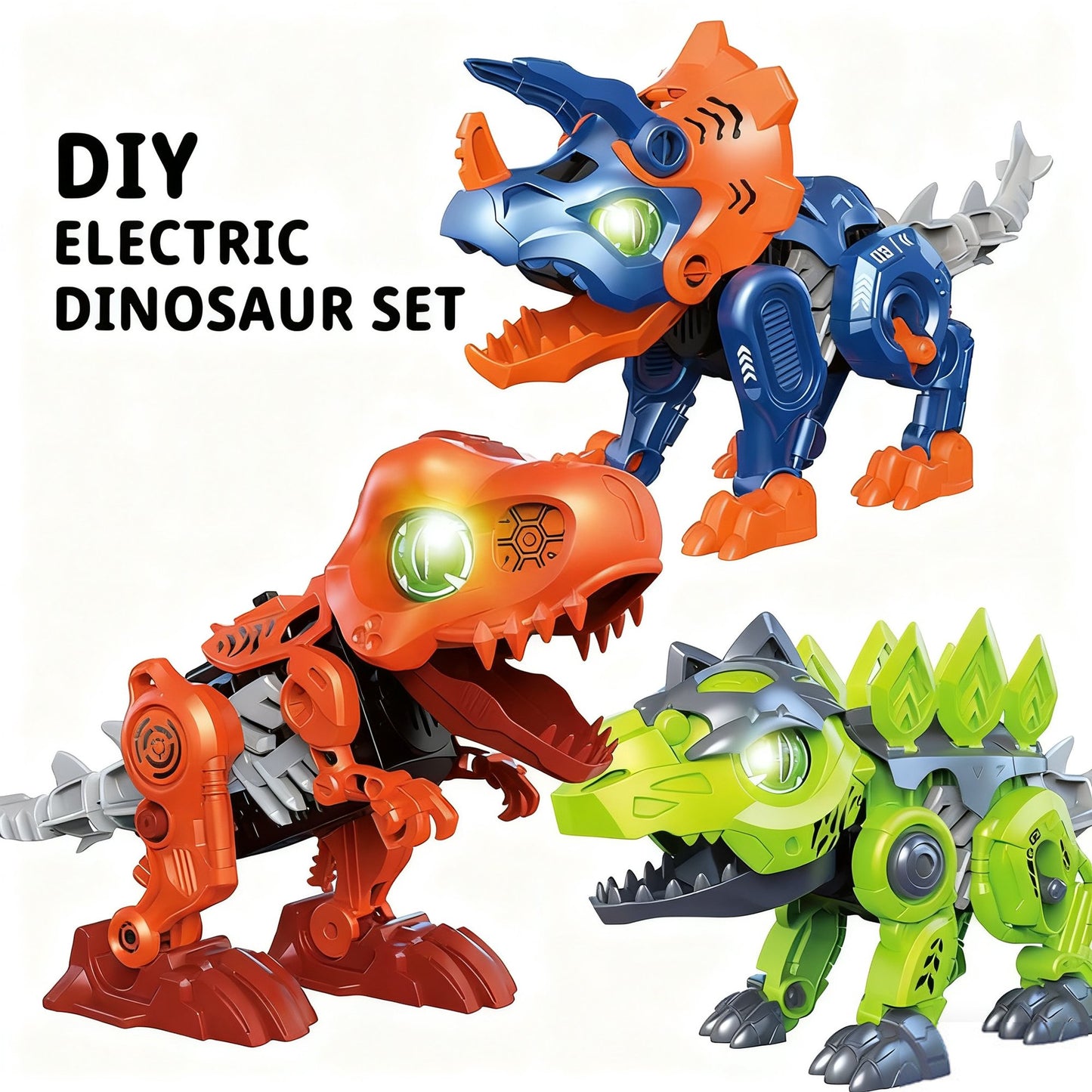 Electric Dinosaur Building Blocks for Boys, Puzzles Electric Triceratops Assembling Toy with LED Glowing Eyes & Roar Sounds, STEM Learning Toys for Kids 3-8 Years, Educational Building Kit Gifts