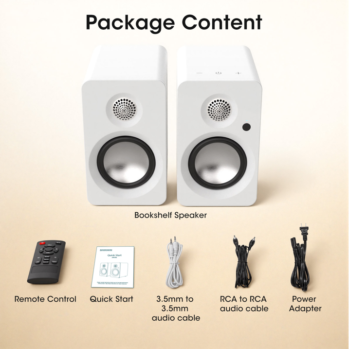 50W Powered Bookshelf Speakers, Bluetooth 5.3 Active Desktop Speakers with 3 inch Woofer, SUB OUT for External Subwoofer, ARC/Type C/AUX Inputs, Remote Control for TV PC Turntable, White