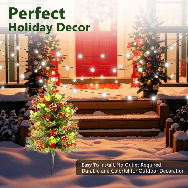 2 Set Pathway Christmas Trees 24.5in with Tripod Stake, Artificial Mini Xmas Trees with Lights, 12 PineCones & 24 Berries, Pre-Lit Holiday Outdoor Christmas Decorations for Porch Driveway Yard Garden