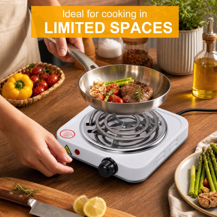 Electric Countertop Single Burner, 1000W Cooktop with 6" Stainless Steel Coil Hot Plate, 5 Level Temperature Control, Indicator Light, Compact Cooking Stove and Easy to Clean, Whtie