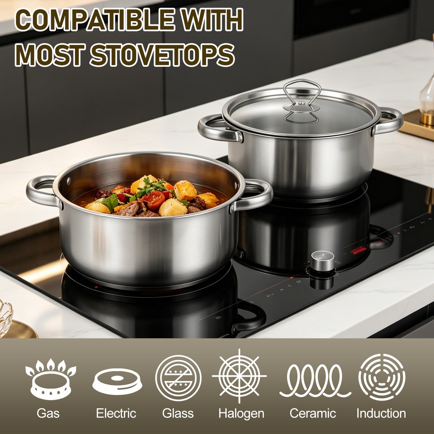 15 Piece Stainless Steel Cookware Set, Pots and Pans Set with Lids Non Toxic, Kitchen Induction Cookware with Utensil Sets For Oven & Dishwasher ,Heavy Premium Kitchen Cooking