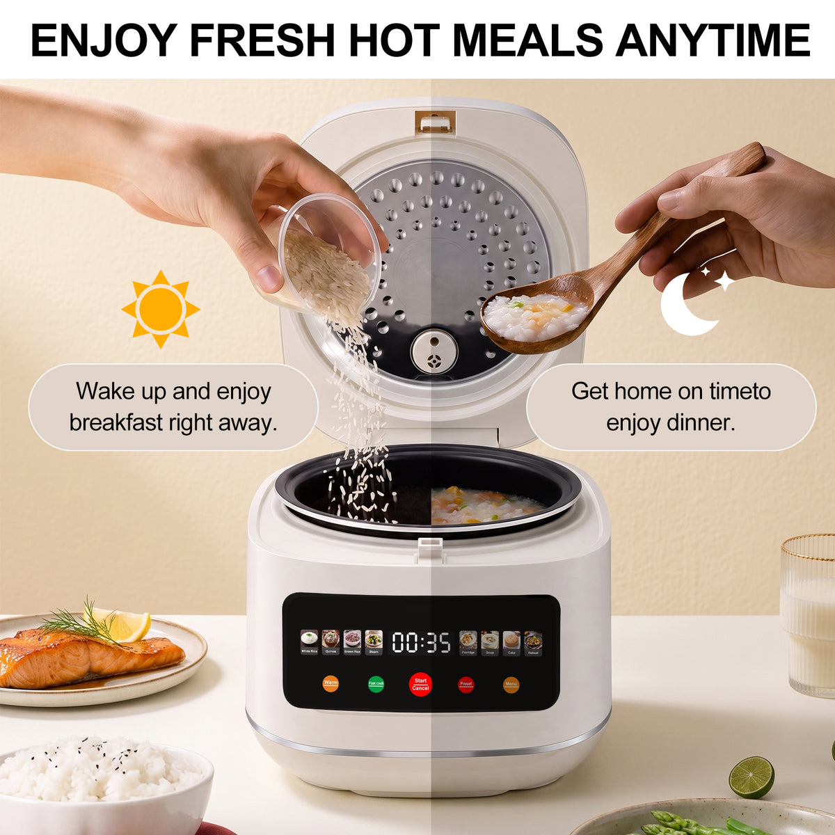 Digital Rice Cooker, 8-Cup 5.5QT Rice Maker, 8-in-1 Smart Multi-Cooker, 24-Hour Timer & Keep Warm, Non-Stick Inner Pot, White
