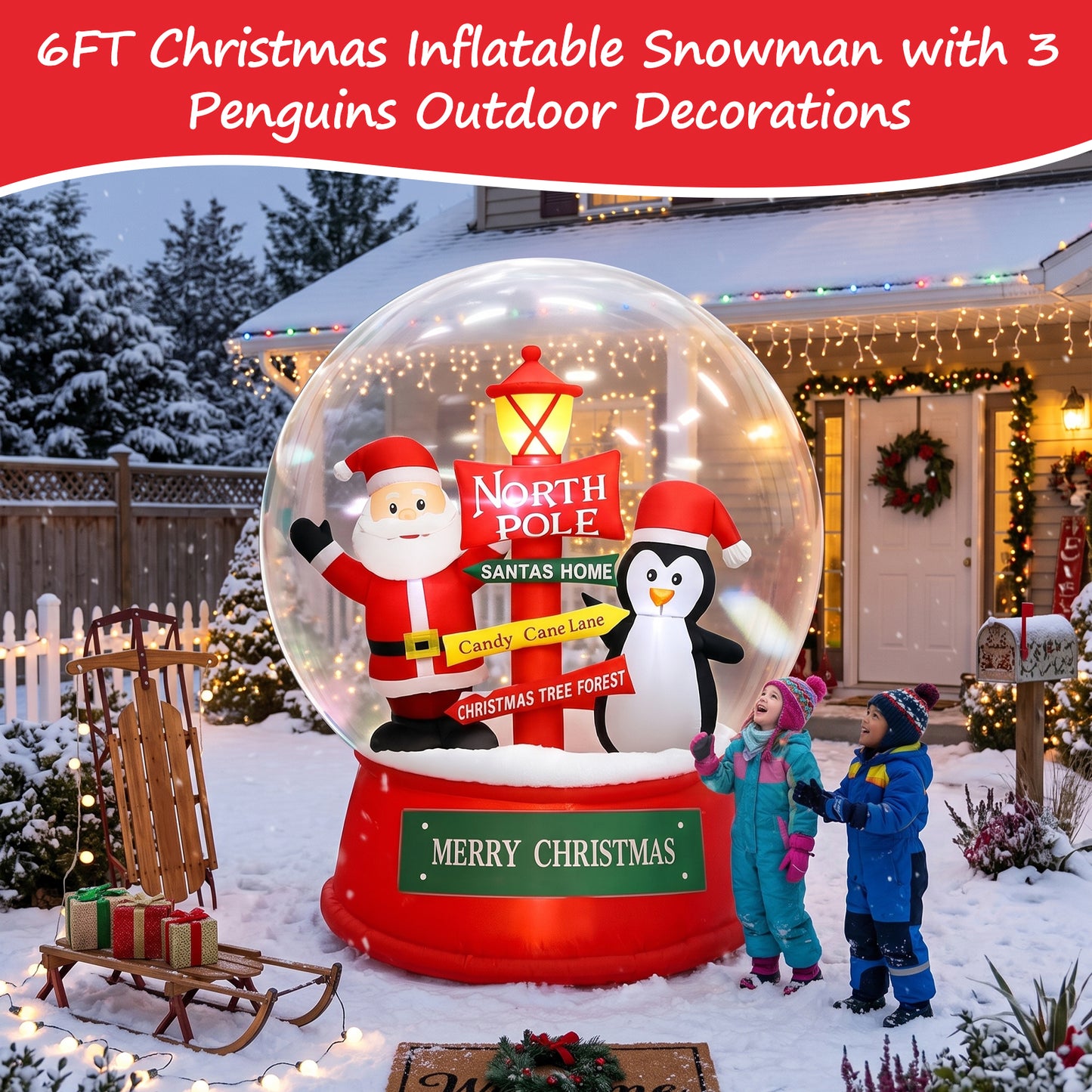 Christmas Inflatables Decorations, 6FT Inflatable Xmas Snow Globe with Built-in Rotating Lights, Lighted Blow Up Santa & Penguin in Snowing Globe for Holiday Lawn Yard Garden
