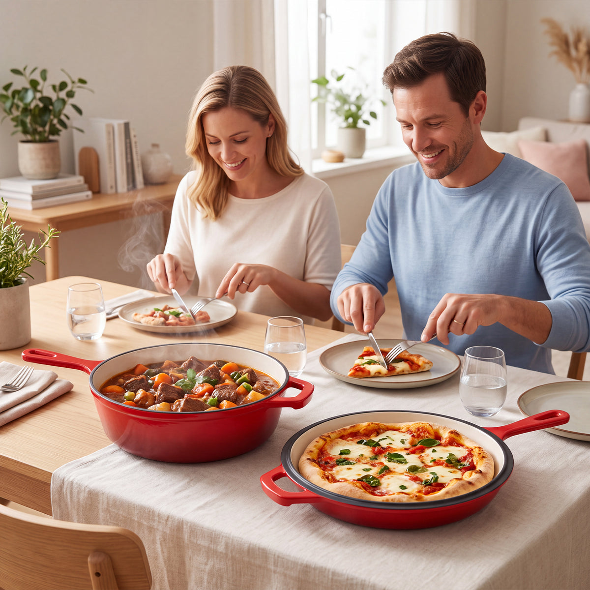 Enameled Cast Iron Skillets, 2-in-1 Cast Iron Dutch Oven Pot with Lid Set, 4QT Dutch Oven + 2QT Skillet for Frying, Baking, Stewing, Grilling,Red