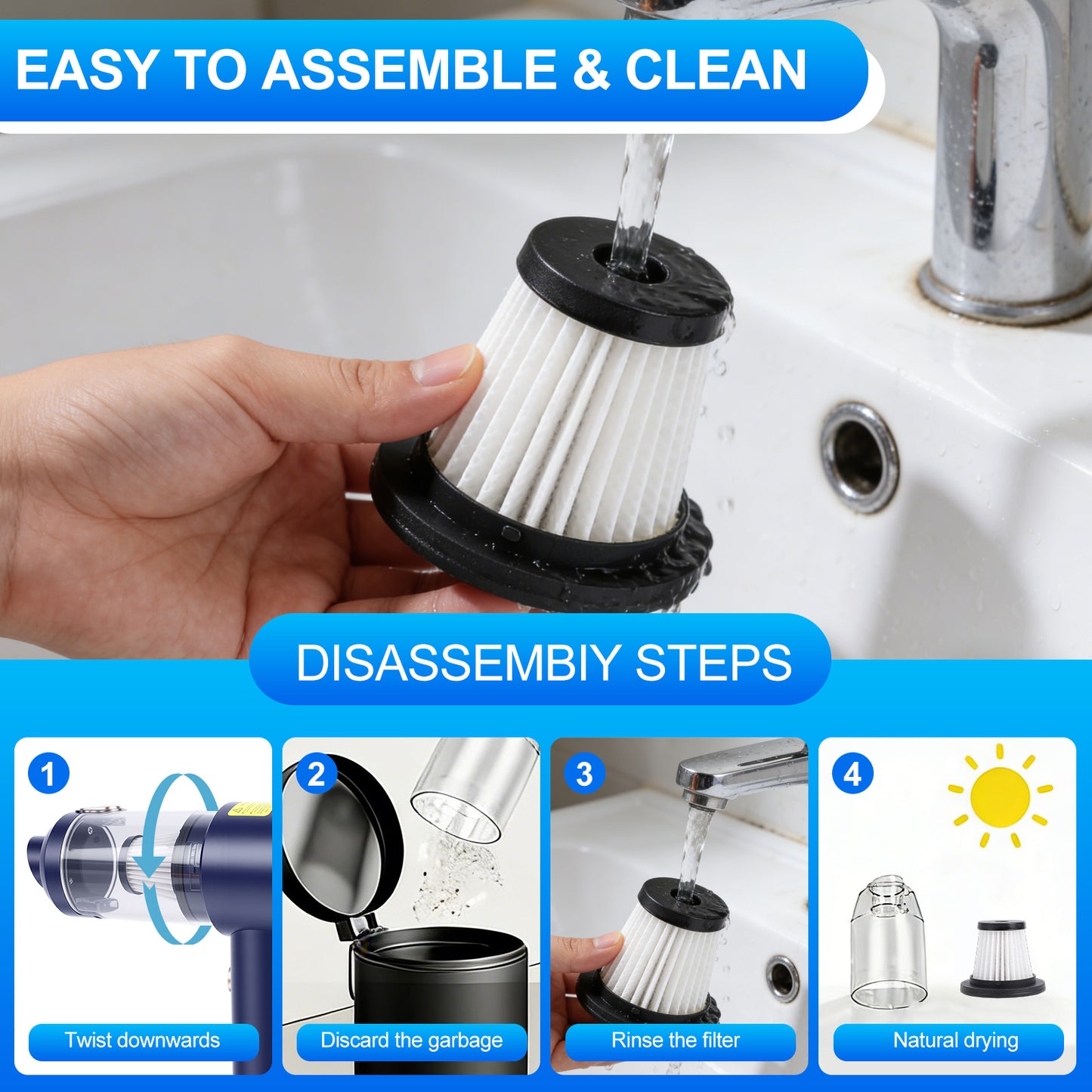 4-in-1 Cordless Vacuum Cleaner, 12000PA Portable Handheld Vacuum Cordless, with Brushless Motor, for Car, Home, Office,Blue + Gold