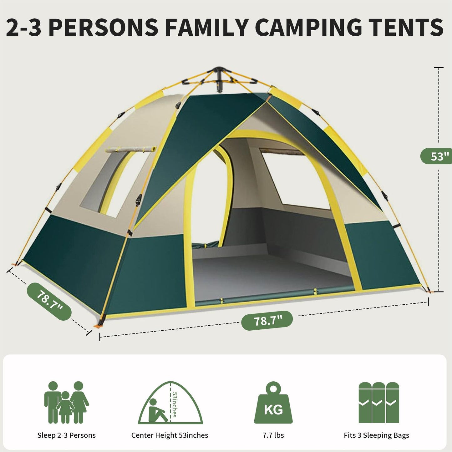 Pop up Canopy Instant Camping Tent, 2-4 Person Family Tents for Camping with Door & 3 Windows, Anti-UV Waterproof Easy Setup Camping Tent for Beach Camping Hiking Outdoor Backpacking, Dark Green