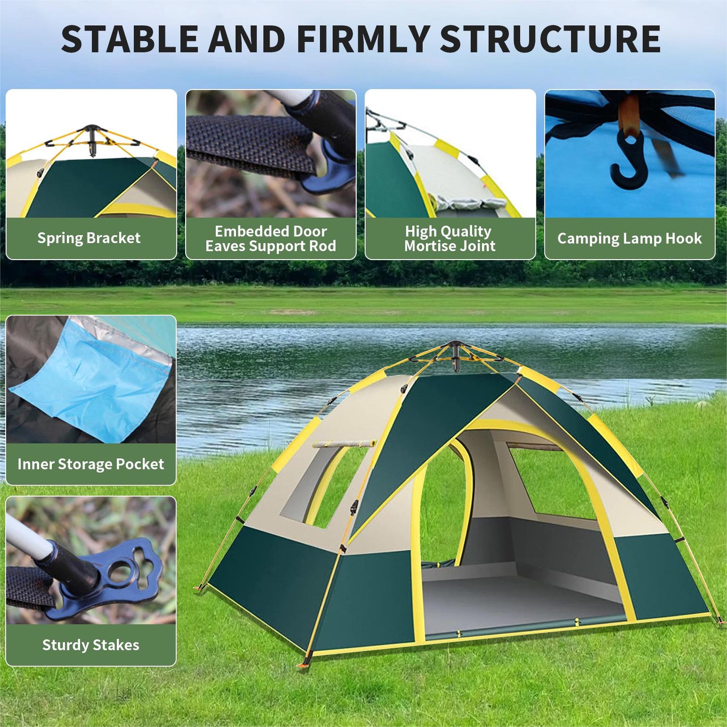 Pop up Canopy Instant Camping Tent, 2-4 Person Family Tents for Camping with Door & 3 Windows, Anti-UV Waterproof Easy Setup Camping Tent for Beach Camping Hiking Outdoor Backpacking, Dark Green
