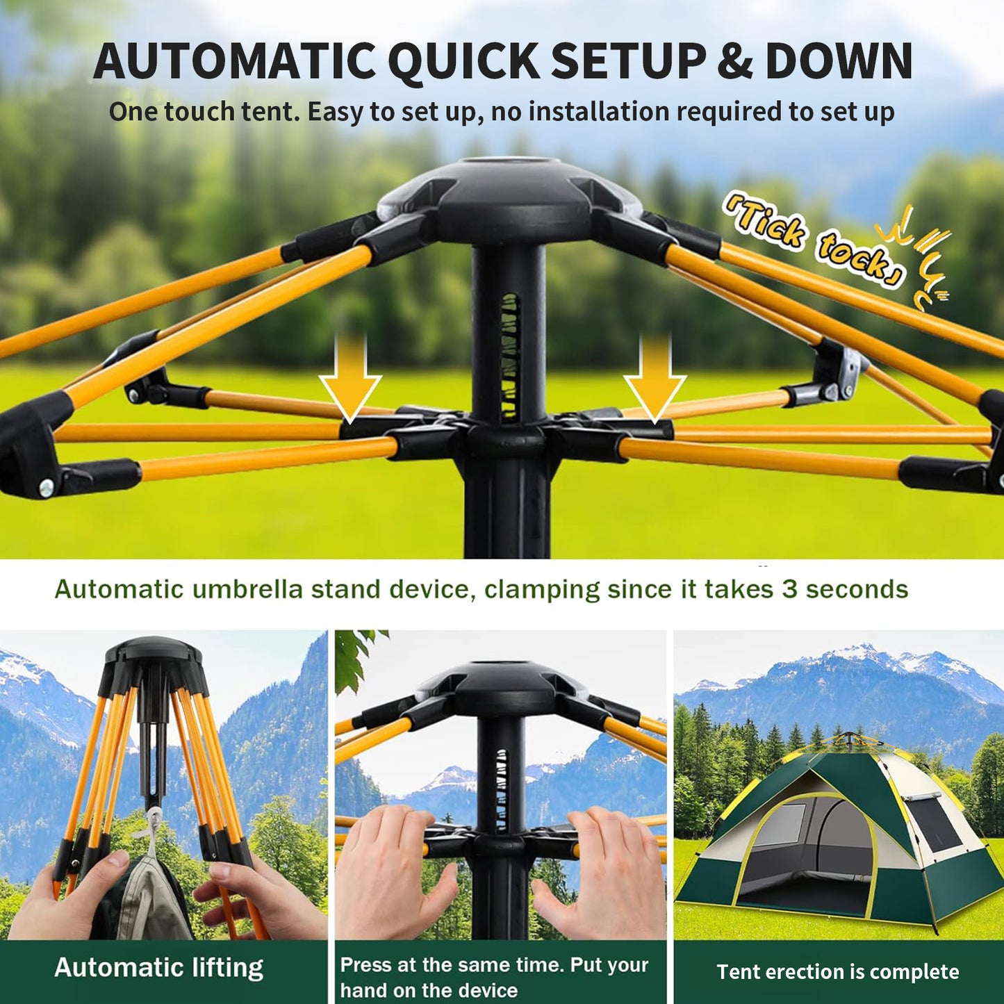 Pop up Canopy Instant Camping Tent, 2-4 Person Family Tents for Camping with Door & 3 Windows, Anti-UV Waterproof Easy Setup Camping Tent for Beach Camping Hiking Outdoor Backpacking, Dark Green