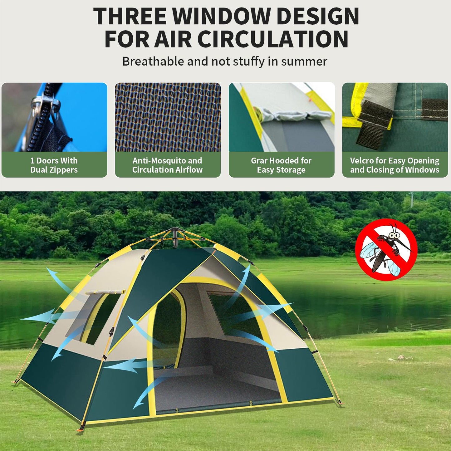 Pop up Canopy Instant Camping Tent, 2-4 Person Family Tents for Camping with Door & 3 Windows, Anti-UV Waterproof Easy Setup Camping Tent for Beach Camping Hiking Outdoor Backpacking, Dark Green