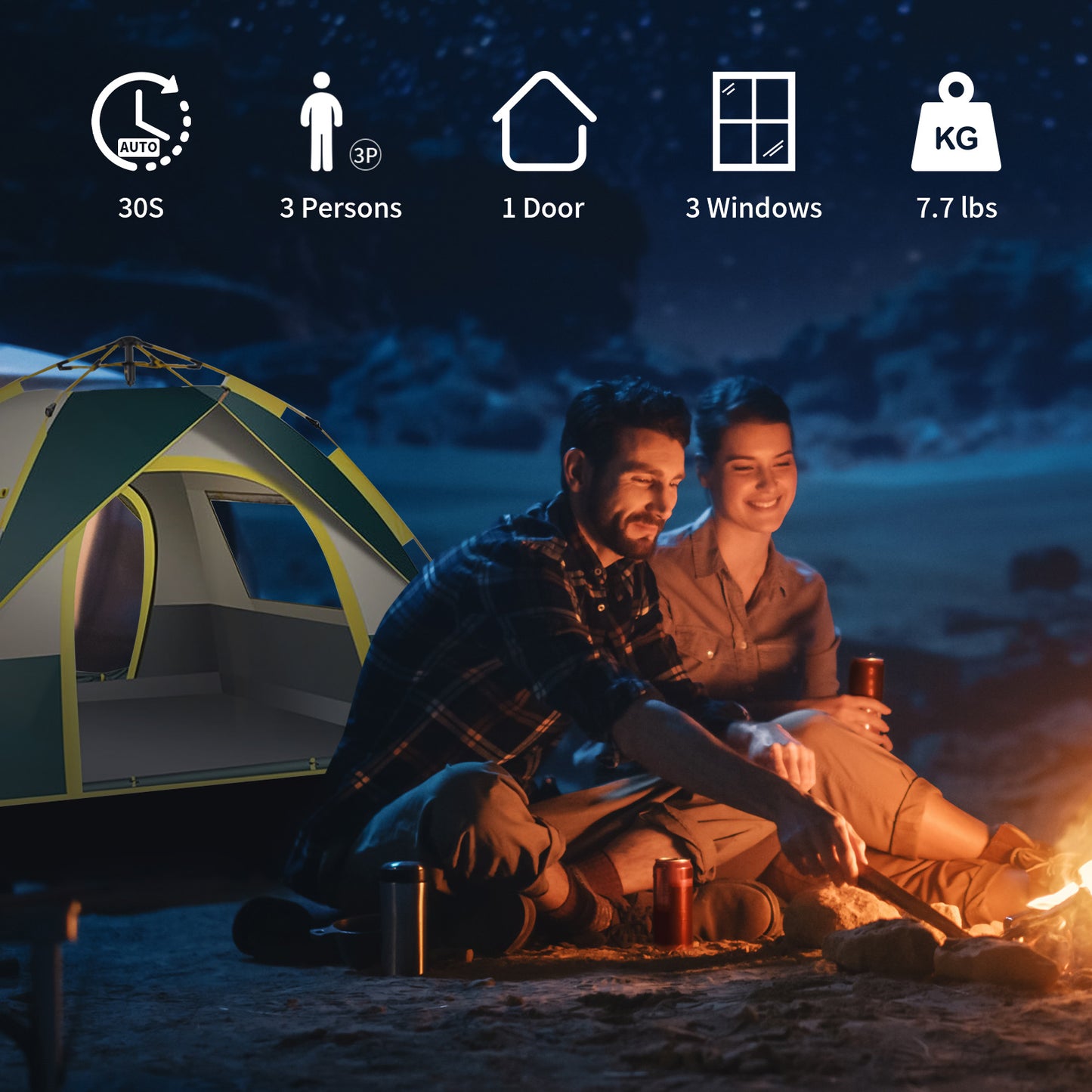 Pop up Canopy Instant Camping Tent, 2-4 Person Family Tents for Camping with Door & 3 Windows, Anti-UV Waterproof Easy Setup Camping Tent for Beach Camping Hiking Outdoor Backpacking, Dark Green