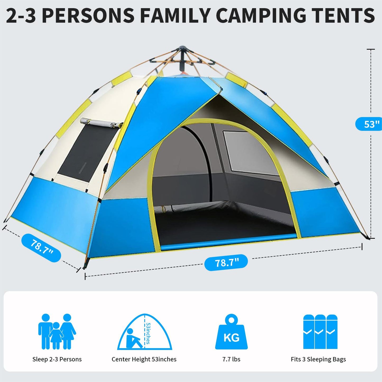 Pop up Canopy Instant Camping Tent, 2-4 Person Family Tents for Camping with Door & 3 Windows, Anti-UV Waterproof Easy Setup Camping Tent for Beach Camping Hiking Outdoor Backpacking, Blue