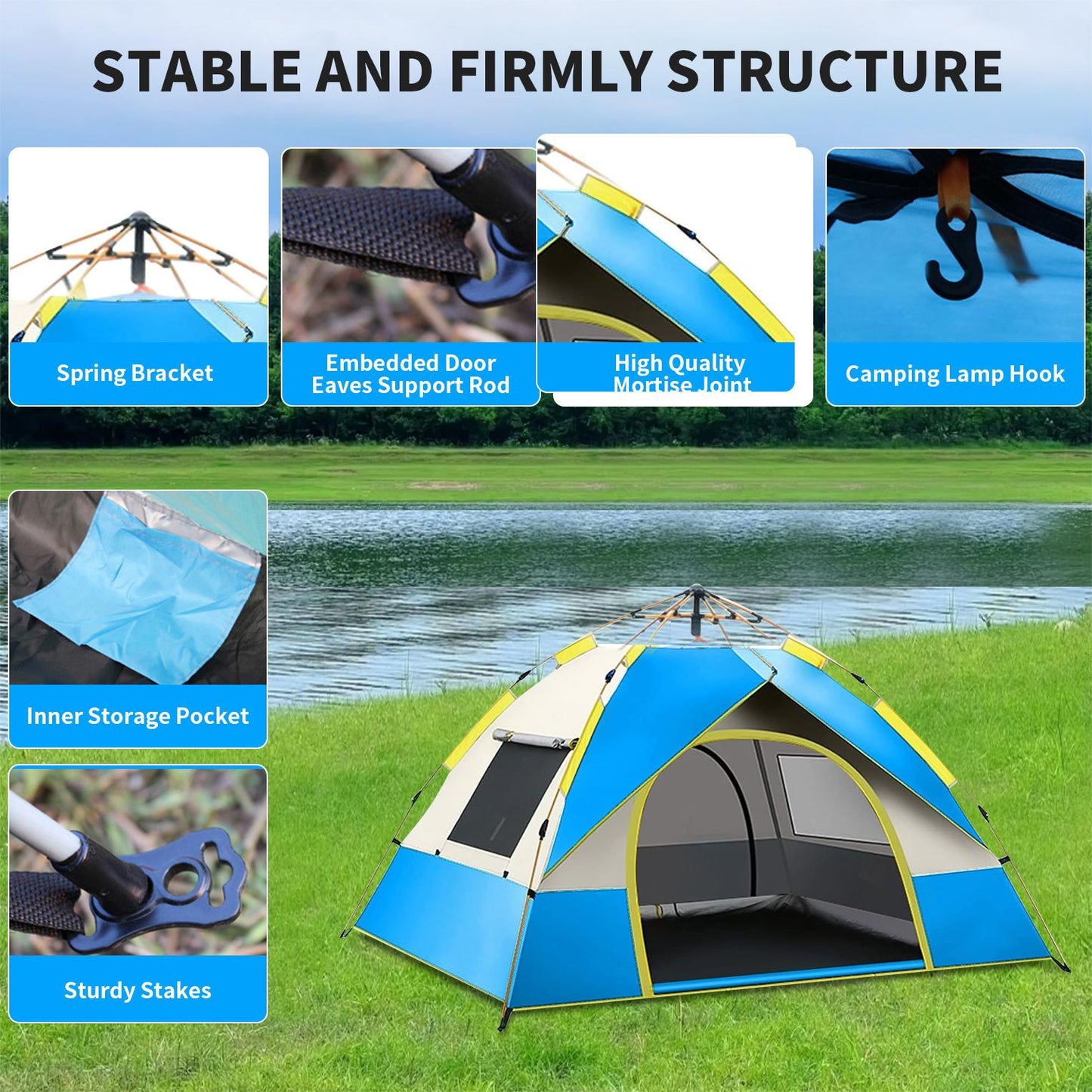 Pop up Canopy Instant Camping Tent, 2-4 Person Family Tents for Camping with Door & 3 Windows, Anti-UV Waterproof Easy Setup Camping Tent for Beach Camping Hiking Outdoor Backpacking, Blue