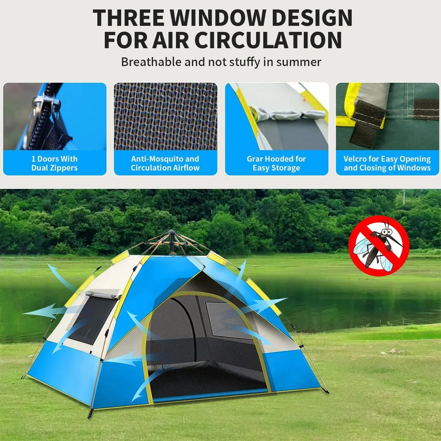 Pop up Canopy Instant Camping Tent, 2-4 Person Family Tents for Camping with Door & 3 Windows, Anti-UV Waterproof Easy Setup Camping Tent for Beach Camping Hiking Outdoor Backpacking, Blue