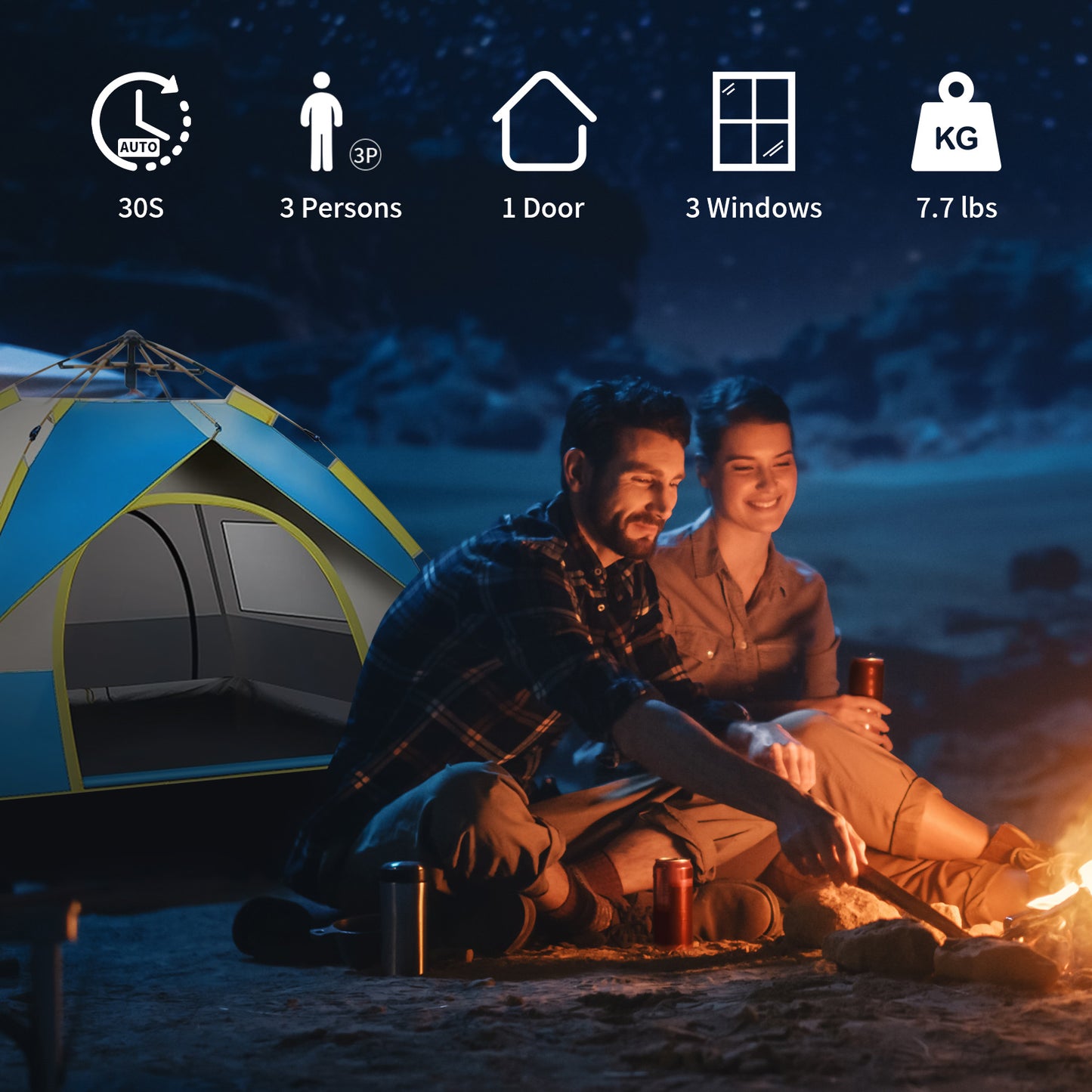 Pop up Canopy Instant Camping Tent, 2-4 Person Family Tents for Camping with Door & 3 Windows, Anti-UV Waterproof Easy Setup Camping Tent for Beach Camping Hiking Outdoor Backpacking, Blue