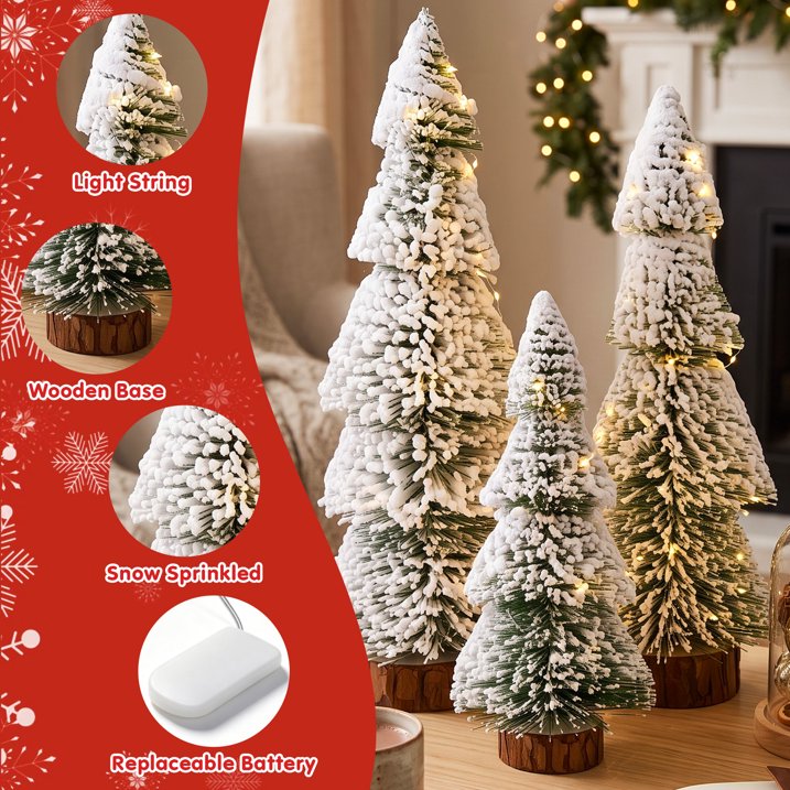 4Pcs Christmas Mini Trees with 9.8ft Light String,Artificial Snow Frost Christmas Trees in 4 Size Bottle Brush Xmas Tree w/ Wooden Base Xmas Pine Tree for Winter Holiday Party Home Table Crafts Decor