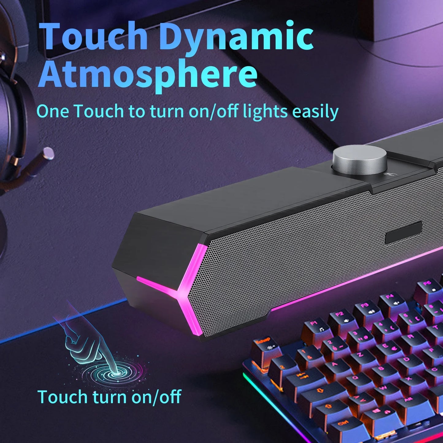 Computer Speakers for Desktop PC, 3.5mm PC Sound Bar for Desktop Monitor/Laptop, Wired USB-Powered Gaming Speakers with Colorful LED Light, Touch-Control Backlit w/ Volume Knob, Plug and Play