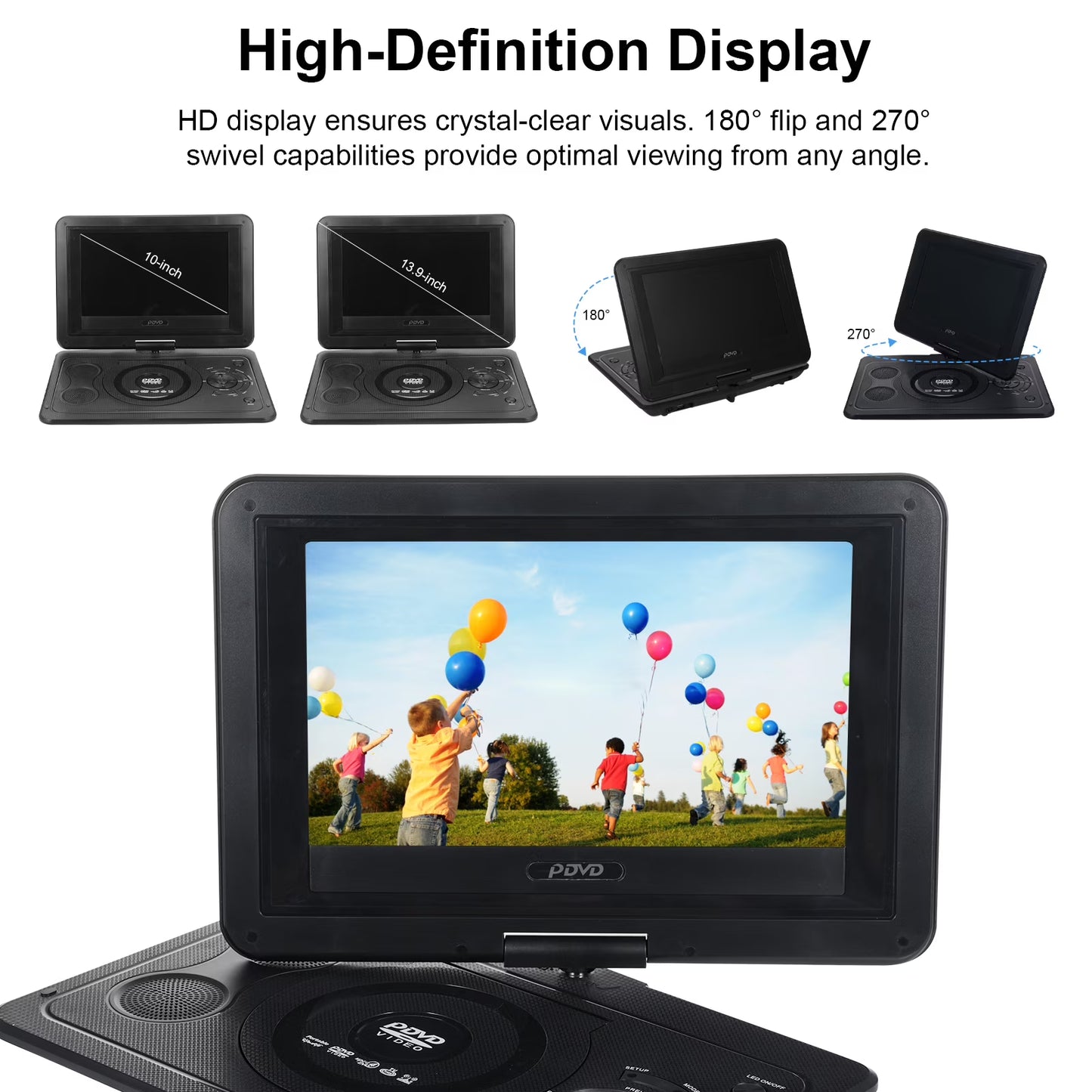 9.8 in Portable DVD Player 270° Rotatable HD Screen DVD Player with Game Function and Rechargeable Battery for Home Car