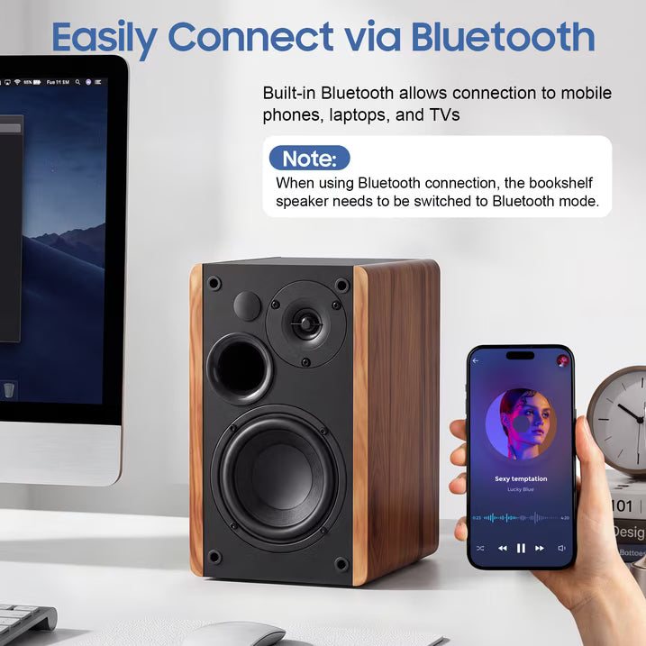80W Powered Bookshelf Speakers, Bluetooth 5.3 HiFi Wireless Speaker with 4 inch Woofer, AUX/USB/Optical Inputs, Remote Control, Bass & Treble Adjust, Wooden Enclosure for PC TV Gaming Turntable