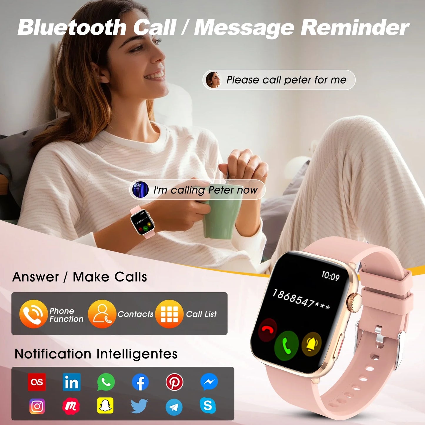 Smartwatch for Men Women, 1.85" HD Screen Smart Watch with Bluetooth Answer/Make Calls Fits for Android and iOS, 100+ Sport Modes/Message Reminder, IP68 Waterproof Fitness Tracker for Gift, Pink