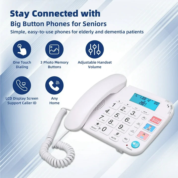 Large Key Wired Telephone, Dual Interface Wired Landline Phones with Caller ID/Hands-Free for Office, Big Button Corded Phones for Seniors, 3 Group One-Touch Dialing, Adjustable Volume & Ringing