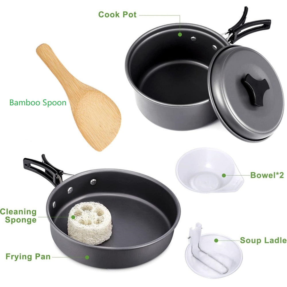 Eotvia Camping Pot And Pan, Stylish Aluminum Alloy Plastic Wood Camping Cookware Set Non Stick Coating With Spoon For Backpacking