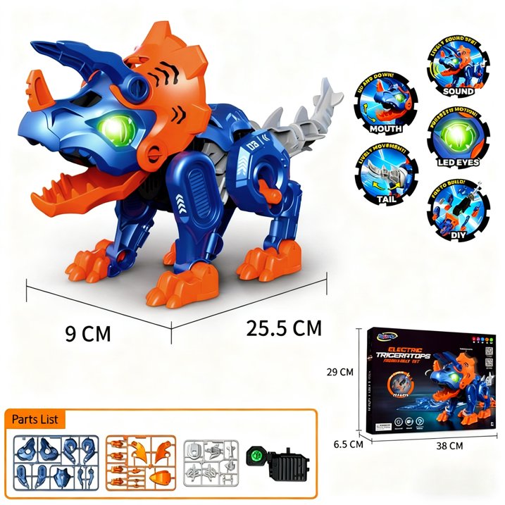 Electric Dinosaur Building Blocks for Boys, Puzzles Electric Triceratops Assembling Toy with LED Glowing Eyes & Roar Sounds, STEM Learning Toys for Kids 3-8 Years, Educational Building Kit Gifts