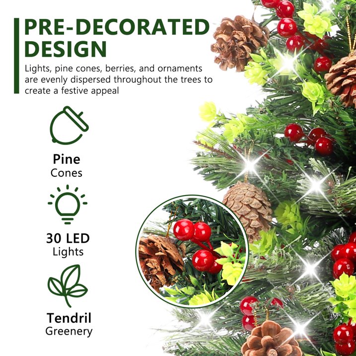 2 Set Pathway Christmas Trees 24.5in with Tripod Stake, Artificial Mini Xmas Trees with Lights, 12 PineCones & 24 Berries, Pre-Lit Holiday Outdoor Christmas Decorations for Porch Driveway Yard Garden