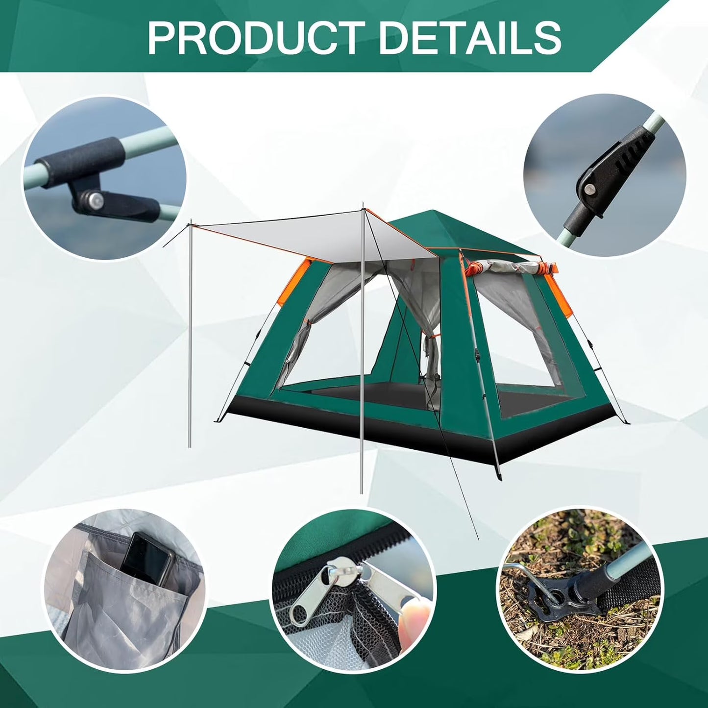 Pop up Canopy Big Instant Camping Tent, Green 4-5 Person Family Tents for Camping with 4 Doors, 7.87'x7.87'x5.1' Anti-UV Waterproof Easy Setup Camping Tent for Beach Picnic Hiking Outdoor Backpacking,Green