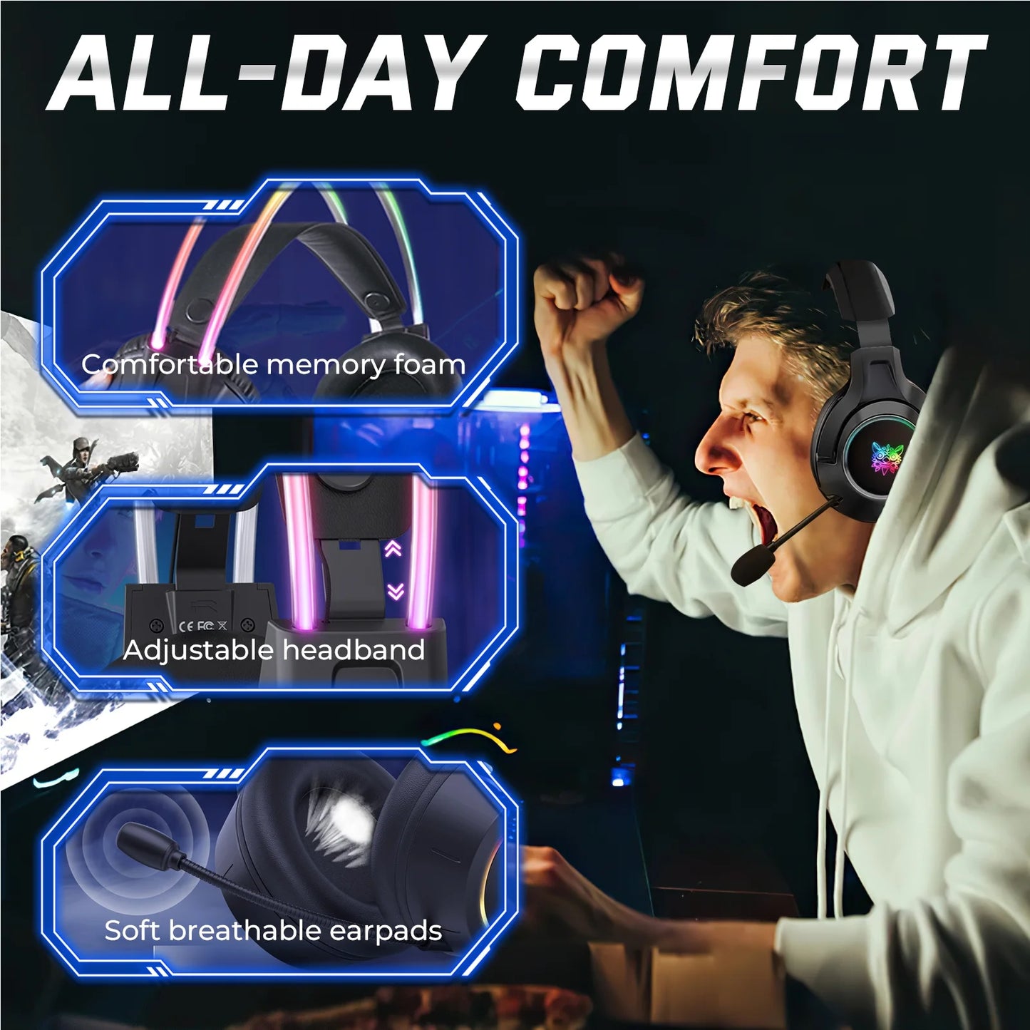 Gaming Headset with Microphone, RGB Rainbow Gaming Headphones for PC PS4 PS5 Laptop, Wired 3.5mm Audio Over Ear Headphone for Adults, Stereo Surround Sound, Noise Canceling Mic, Black