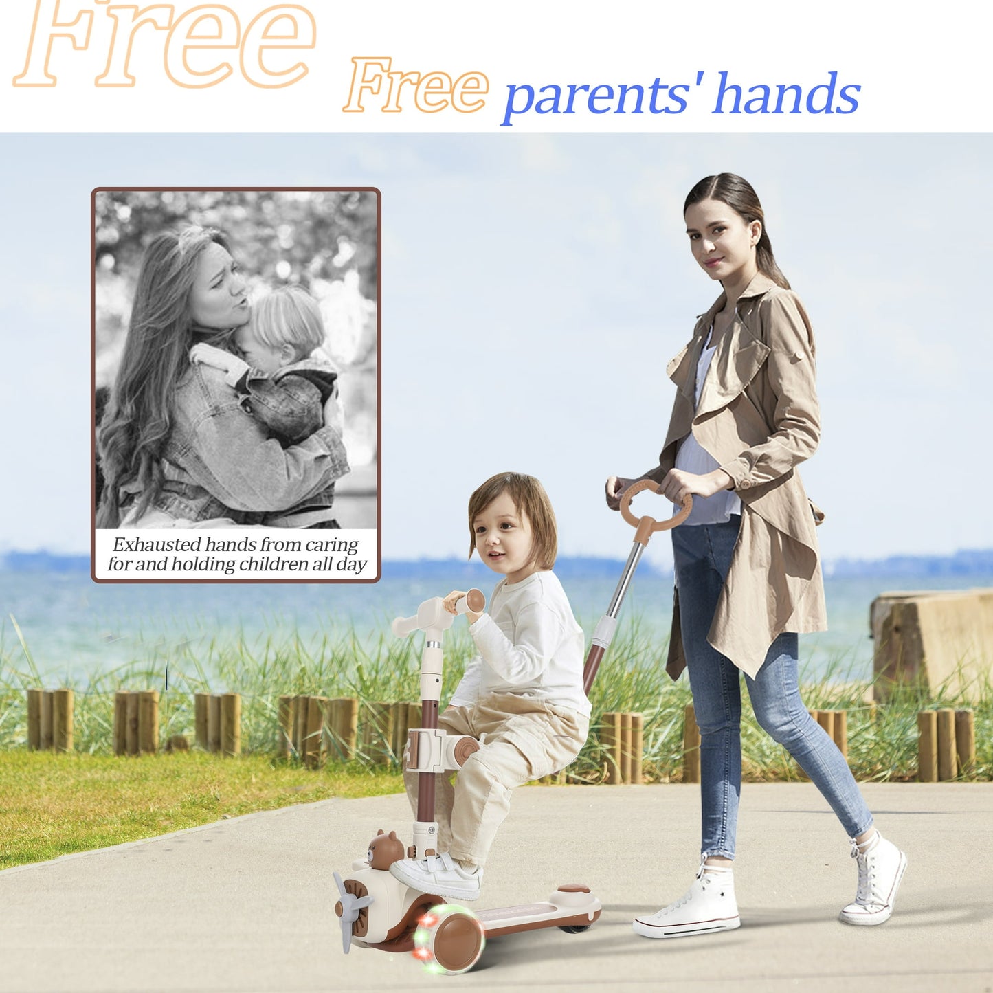 3-Wheeled Kids Scooter with Foldable Seat, Adjustable Handlebar & Push Bar, Light-up Wheels, Kick Scooter Sit or Stand Ride Kids Scooter with Brake for Boys Girls