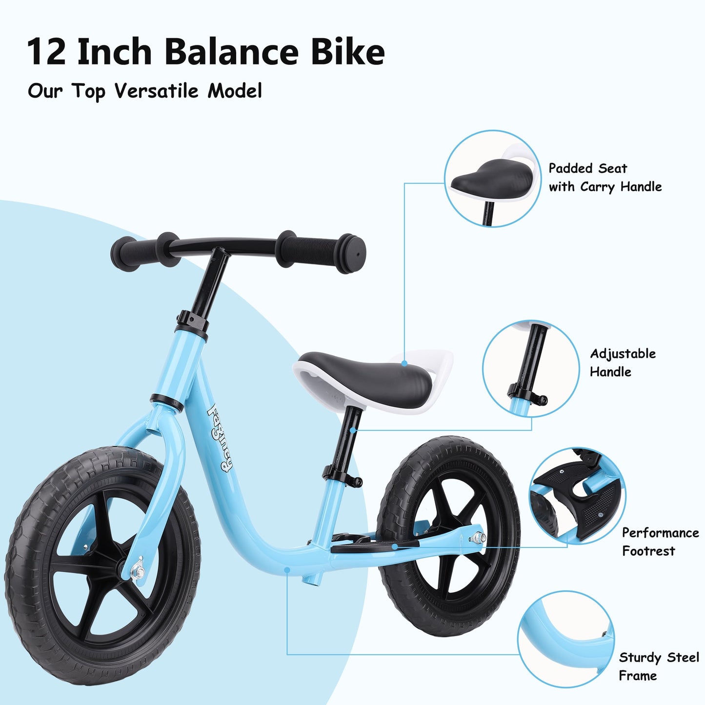 12-Inch Balance Bike No Pedal Lightweight Bike for Boys Girls 1.5 to 4 Years Old, Toddler Bike with Adjustable Seat, Carry Handle