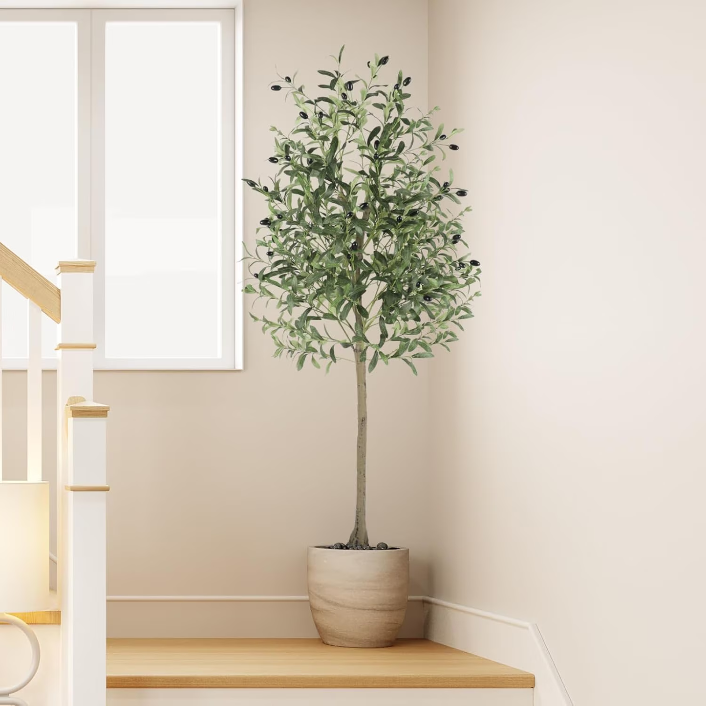 6FT Artificial Olive Tree Indoor, Tall Faux Olive Tree, Artificial Plants with Natural Wood Trunk and Lifelike Fruits for Home Office Decor