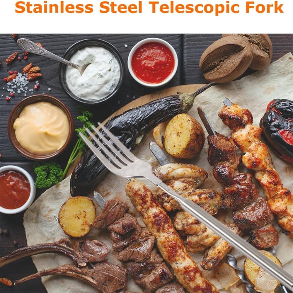 Eotvia Telescopic Fork, 1 Piece BBQ Telescopic Extendable Dinner Fruit Dessert Long Handle Fork Stainless Steel Cutlery