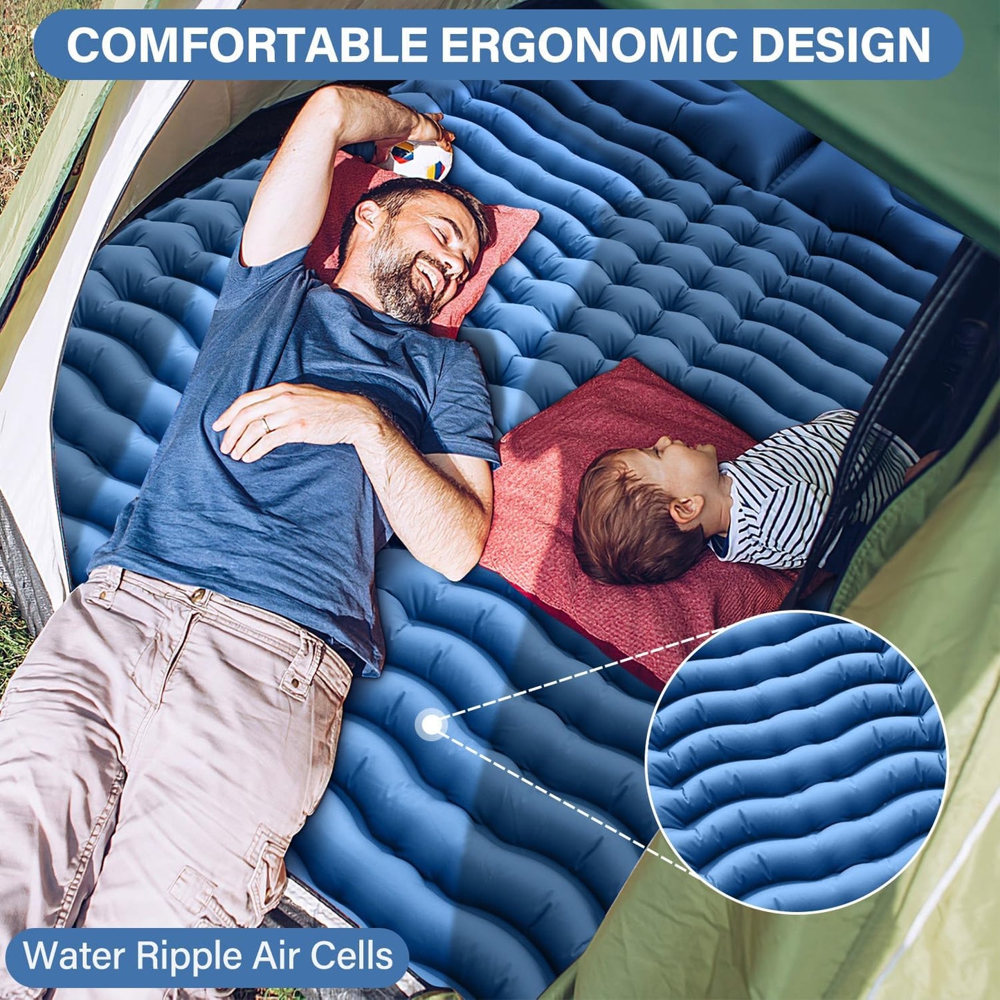 Double Camping Sleeping Pad, 4" Extra Thick Camping Sleeping Mat for 2 with Air Pillow/Foot Pump, Waterproof Double Camping Inflatable Mat Blue Inflatable Pad for Backpacking Hiking Traveling Tent