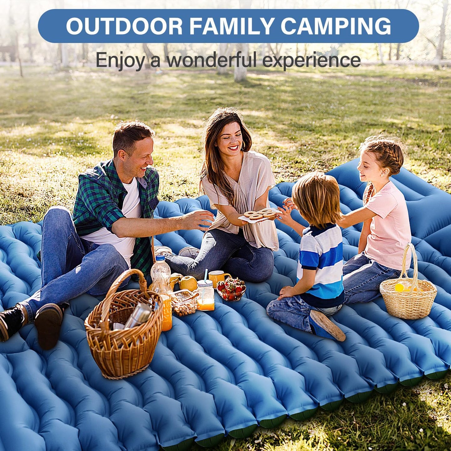 Double Camping Sleeping Pad, 4" Extra Thick Camping Sleeping Mat for 2 with Air Pillow/Foot Pump, Waterproof Double Camping Inflatable Mat Blue Inflatable Pad for Backpacking Hiking Traveling Tent