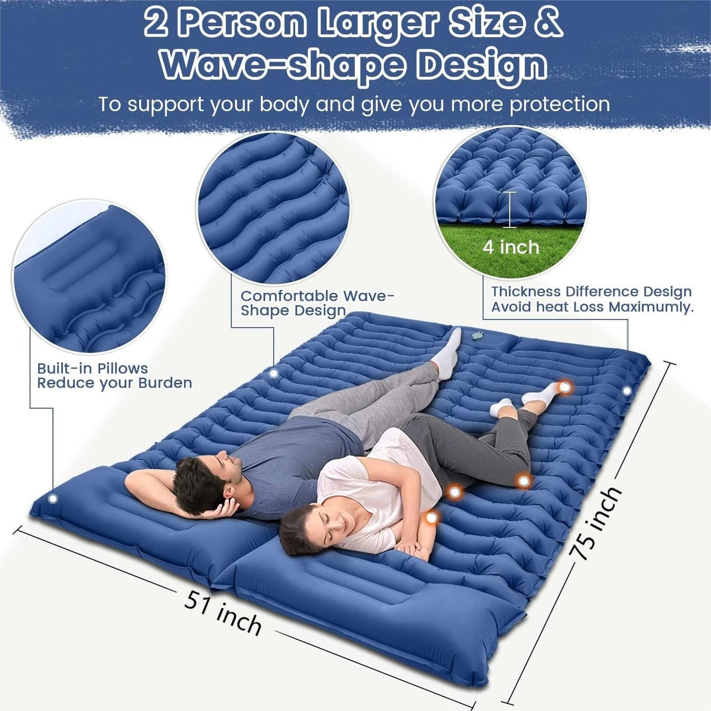 Double Camping Sleeping Pad, 4" Extra Thick Camping Sleeping Mat for 2 with Air Pillow/Foot Pump, Waterproof Double Camping Inflatable Mat Blue Inflatable Pad for Backpacking Hiking Traveling Tent